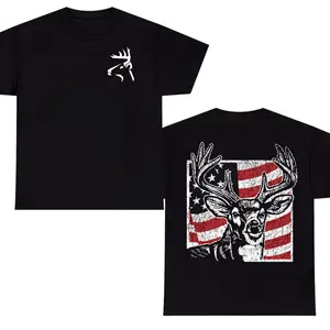 BUX Hunting Co Patriotic Deer T-Shirt – American Flag Buck Hunting Graphic Tee, Whitetail Hunter Shirt, Outdoor Unisex Cotton Apparel Gift