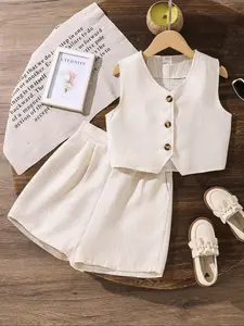 Girls 2-Piece Set with Button Design Vest and Matching Shorts, Fashionable Simple Style for Daily Wear, Outings, Vacations, Parties
