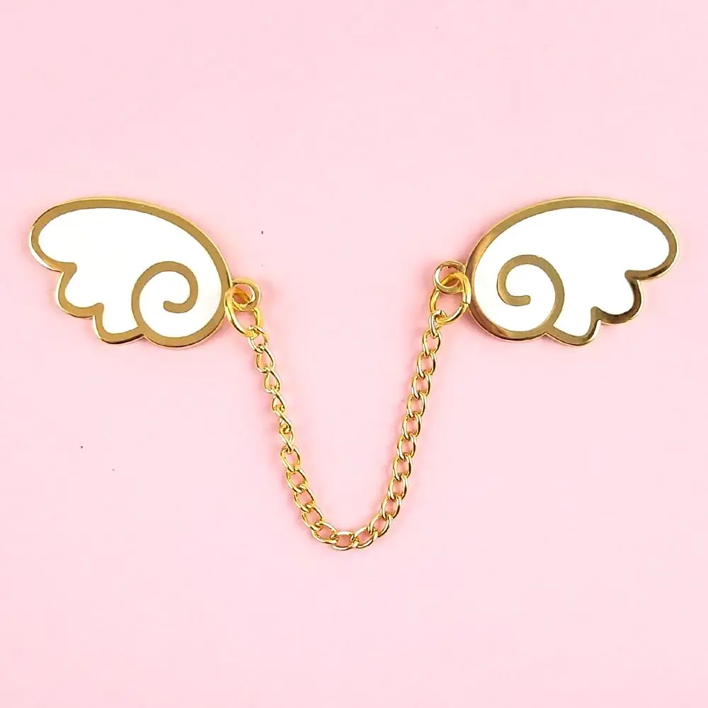 Angel Wings Gold/White Enamel Pin Set with Chain - Fashion Accessories brooch pin