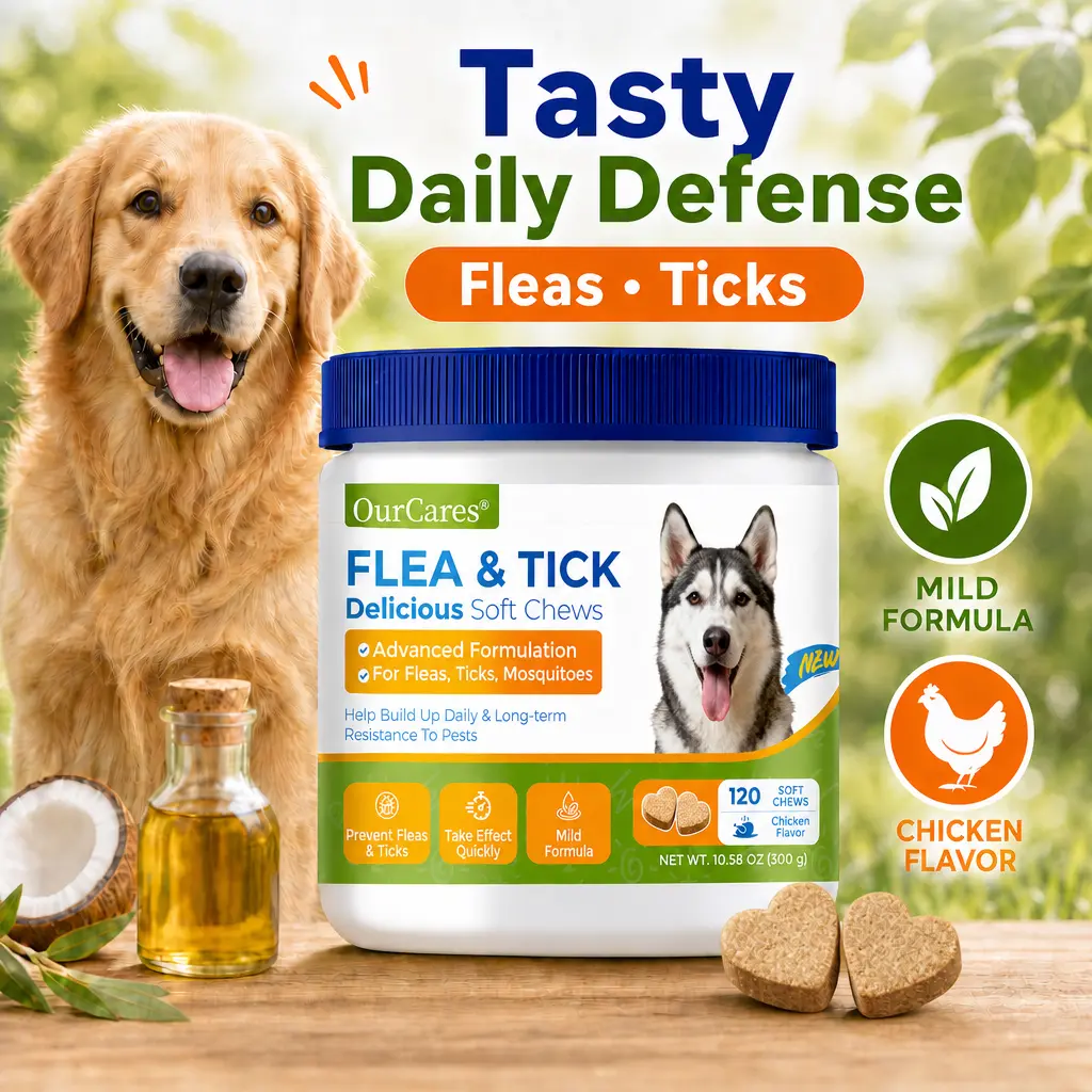 OURCARES Collarfree Care Flea & Tick Prevention Soft Chew Dog Treats - 120/60 Count Chicken Bites, Plant-Based Health Supplements with Vitamin, Probiotics, Coconut Oil, Flaxseed, Fish Oil, Gluten Free, Universal for All Breeds & Ages,back to school