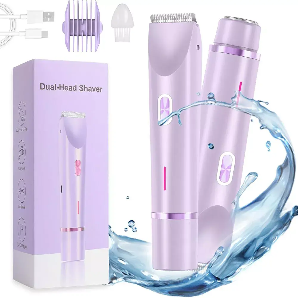 Women's 2-in-1 Rechargeable Electric Shaver & Dual-Head Bikini Trimmer - Painless Hair Removal Beauty Tool, Waterproof Compact Razor, Soft Glide for Sensitive Skin, Less Redness, USB Cable, Lightweight, Cleaning Brush, Batteries, Home Haircut Use