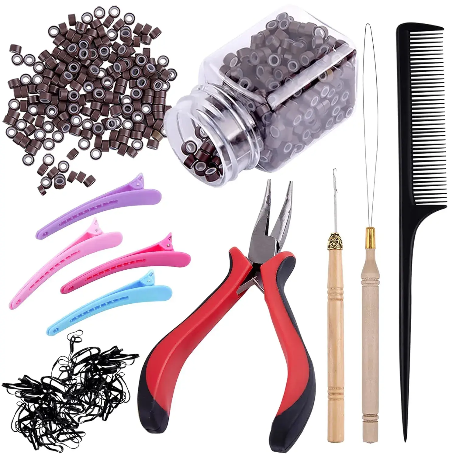 Hair Extensions Kit 500 Pcs Brown Micro Ring Beads 1 Micro Beads Plier 2 Hook Needle Pulling Loop 4 Plastic Alligator Hair Clips 1 Comb and 2 Bags Black Mini Rubber Hair Elastic