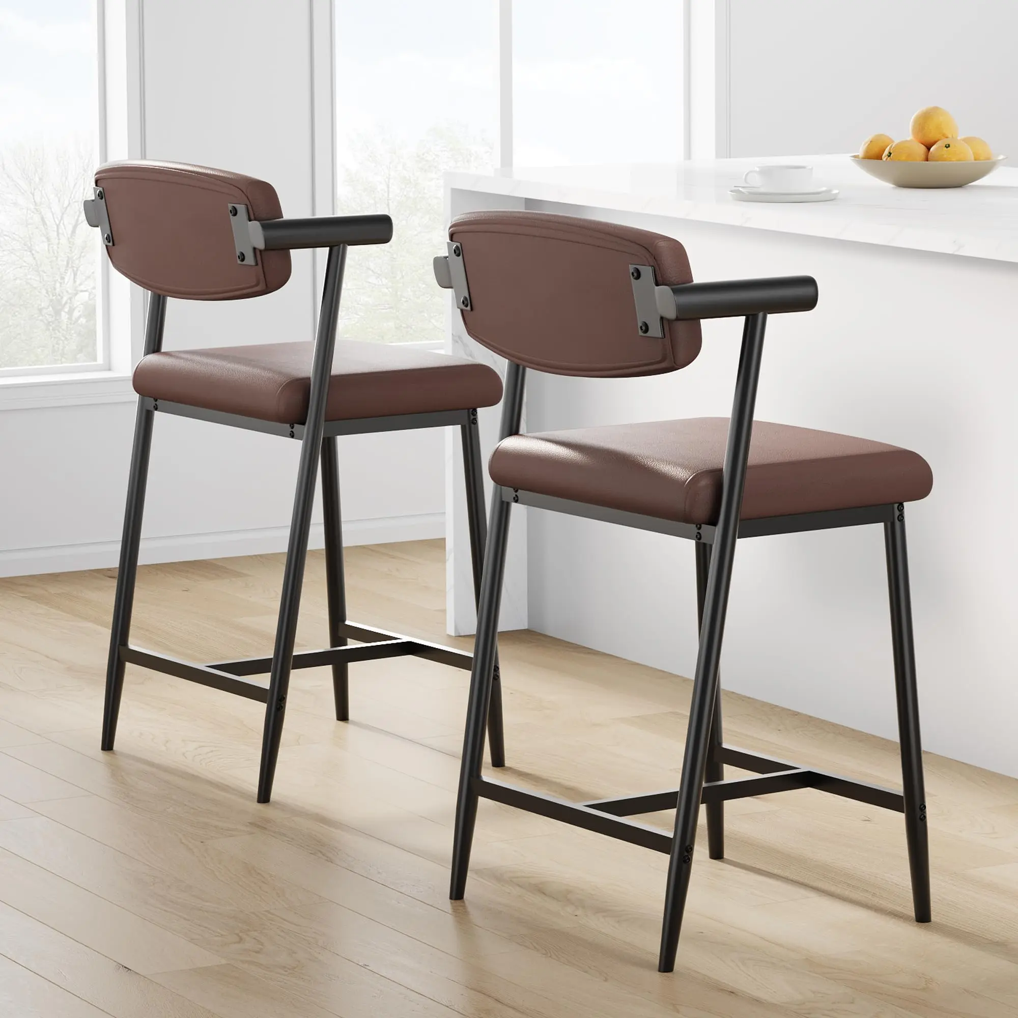 Garvee 2-piece set bar stools with PU leather seat cushions and metal frame, dining chairs with backrest, high stools with footrests and armrests, for dining room and living room, 49 x 48 x 94 cm