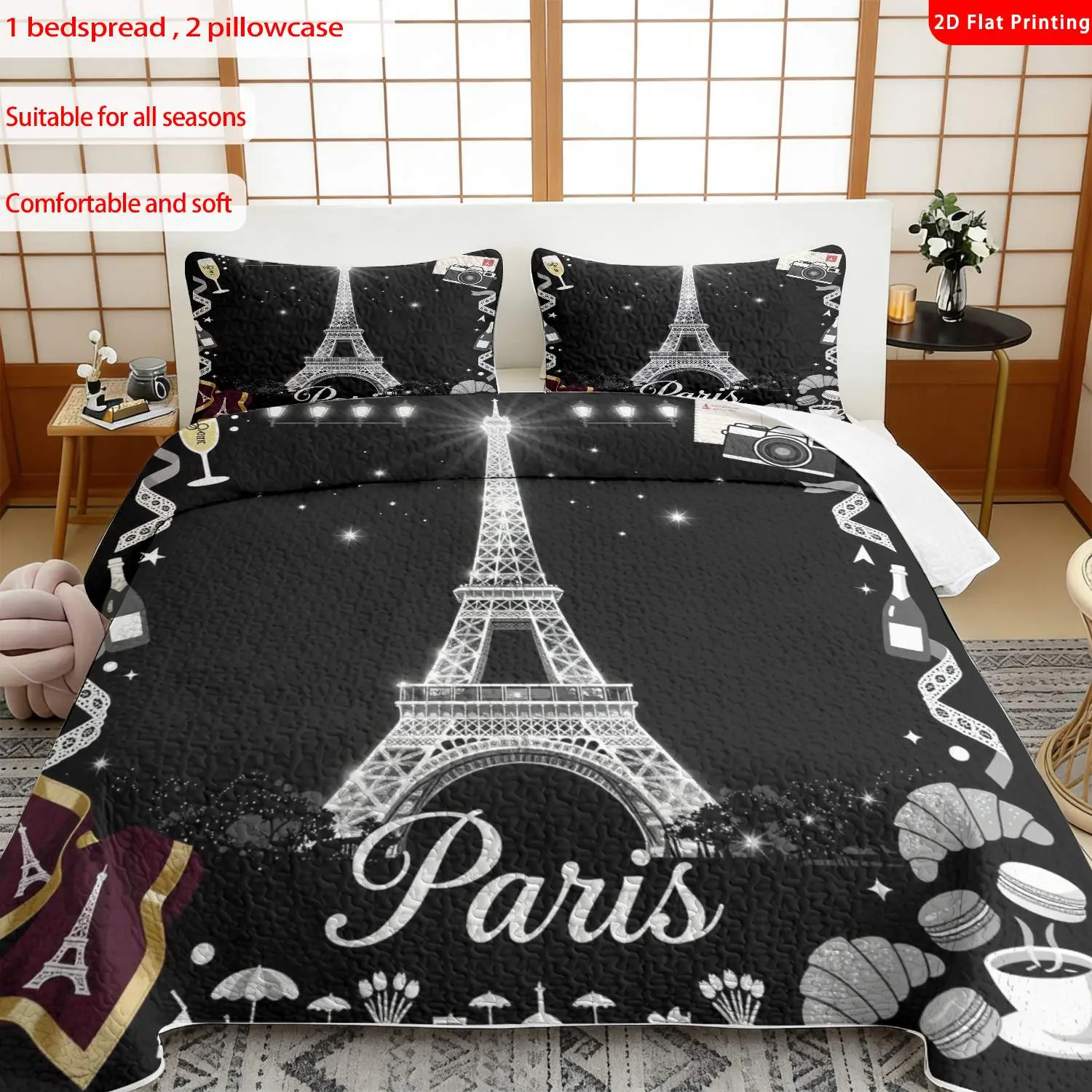 3 pcs, 2D Flat Print Paris Eiffel Tower Pattern Bedspread Set, Soft and Comfortable, Multiple Sizes Available, Suitable for Gifting and Daily Use, Ideal for Creating a Cozy Home Atmosphere(1 bedspread , 2 pillowcases)