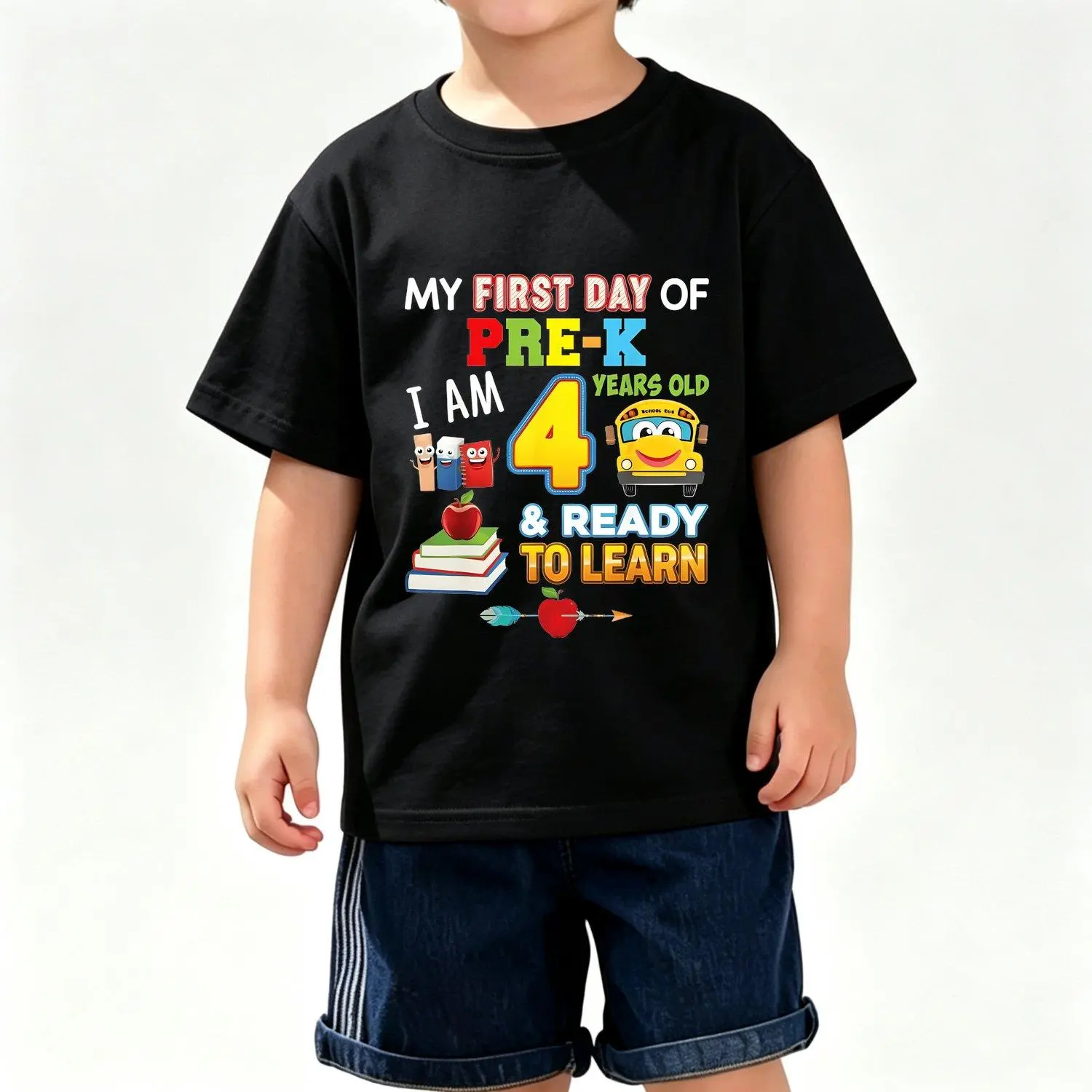 My First Day of Pre K I Am 4 Years Old Ready to Learn Back to School Graphic Tee School Bus Apple Books Print Preschool Outfit Children T Shirt