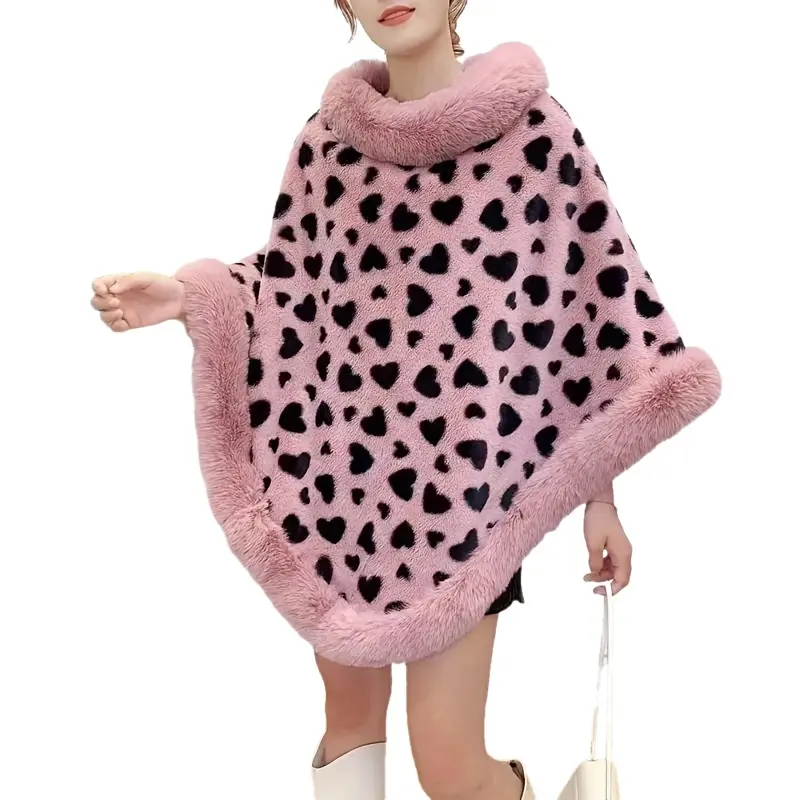 Women's Oversized Poncho Shawl, Casual Heart Print Knit Polyester Wrap, Warm and Windproof for Chilly Weekends, Clothes, Baggy, Fashion, Windproof Warmth