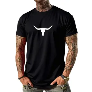 100% Cotton Men's Western Cowboy Style Graphic T-Shirt - Black Casual Oversized Short Sleeve Tee with White Longhorn Skull Design, Perfect for Streetwear and Outdoor Activities, Streetwear Fashion |     Relaxed Fit Top |     Comfortable Cotton