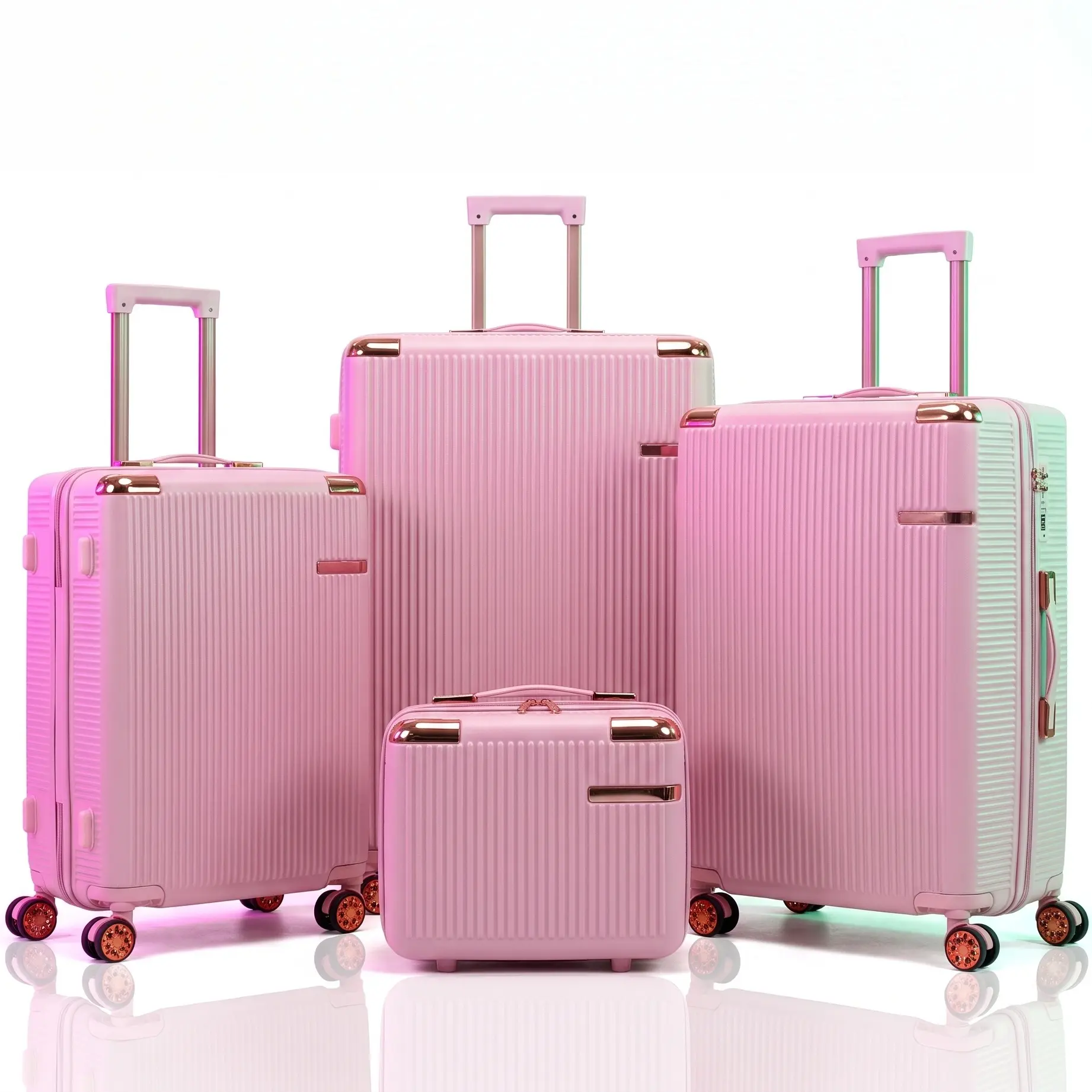 Pink Classic 4-Piece Luggage Set - 14/19/23/27in Lightweight Rolling Travel Luggage Bags, Synthetic Password-Lock Leakproof Travel Set with 360-Degree Rotating Wheels, Lightweight Rolling Luggage