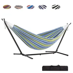Double Hammock with Steel Stand Heavy Duty update 2 Person Portable Cotton Hammocks for Backyard Patio Garden Camping, Carrying Bag Included  450lbs Capacity