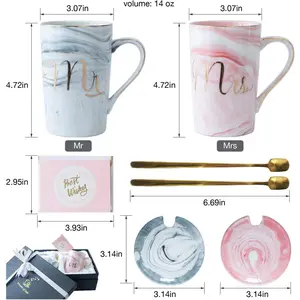 Mr and Mrs Coffee Mug Set – 14 oz Jumway Marble Ceramic Mugs with Lids, Spoons, Gift Box for Mother's Day, Wedding or Anniversary Jumway Drinkware Stylish