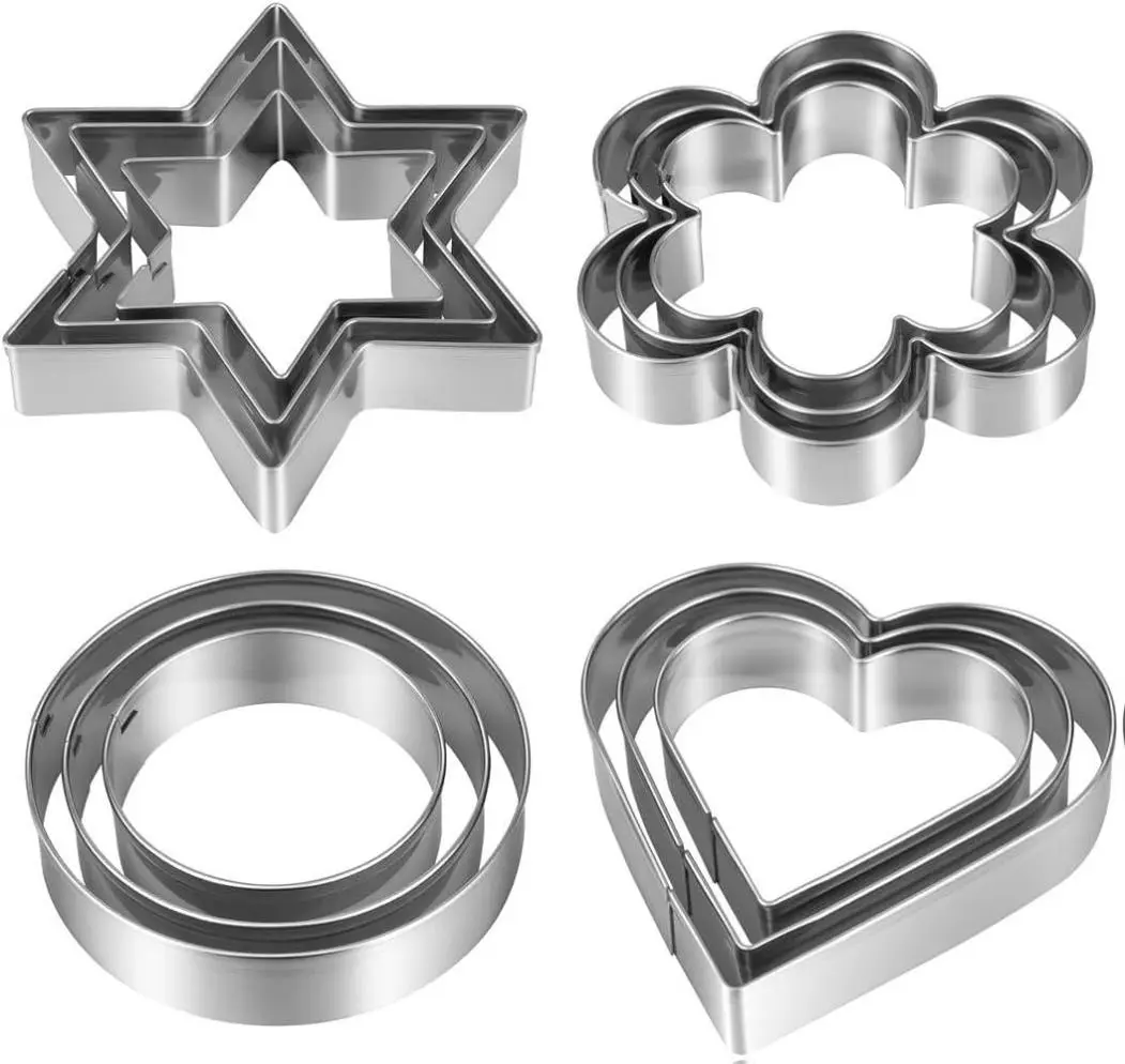 Metal Cookie Cutters Set 12 Pieces Stainless Steel Heart Star Flower Round Shapes for Cookies Crafts Fondant Clay Pastries Cheese Reusable Bakeware Utensils, Handheld, Non-Scratch Cookie Cutters