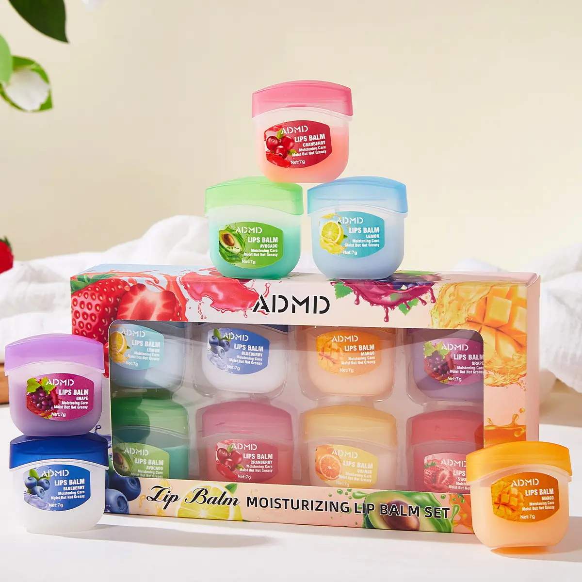 Fruity Flavored Lip Balm Collection - Strawberry, Lemon, Blueberry Scents, Moisturizing Care for Soft Pouts, Everyday Use Cosmetic Gift Set Compatible with Makeup, Lipgloss, Lipstick