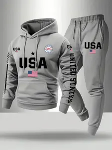 Men's Plus Size Hoodie and Sweatpants Set, Tracksuit Matching Set, Sweatsuit Set, Sports Suit Tracksuits, American Flag Print, Casual Sportswear, Comfortable Fit, Perfect for Daily Wear