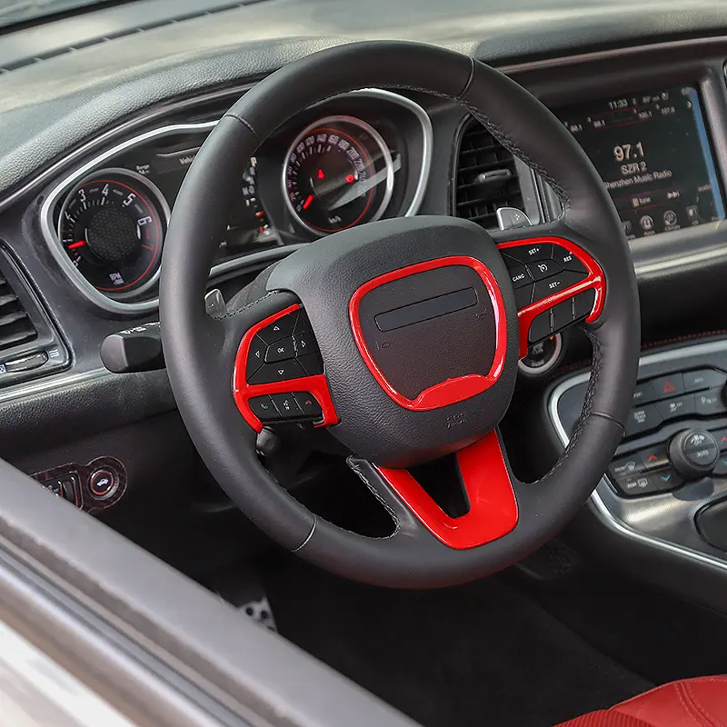 ABS Red Carbon Fiber Steering Wheel Decor Cover Kit Trim - 4 Pieces Colored Decals (Red,Blue,Green,Pink) for 2015+ Dodge Challenger & Charger, Easy Installation, 35*10*5 cm, 1-Year Manufacturer Warranty, Car Accessories, Auto Interior Stickers, Car Stuff