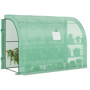 Outsunny 10' x 5' x 7' Lean to Greenhouse, Walk-In Green House, Plant Nursery with 2 Roll-up Doors and Windows, PE Cover and 3 Wire Shelves, Green