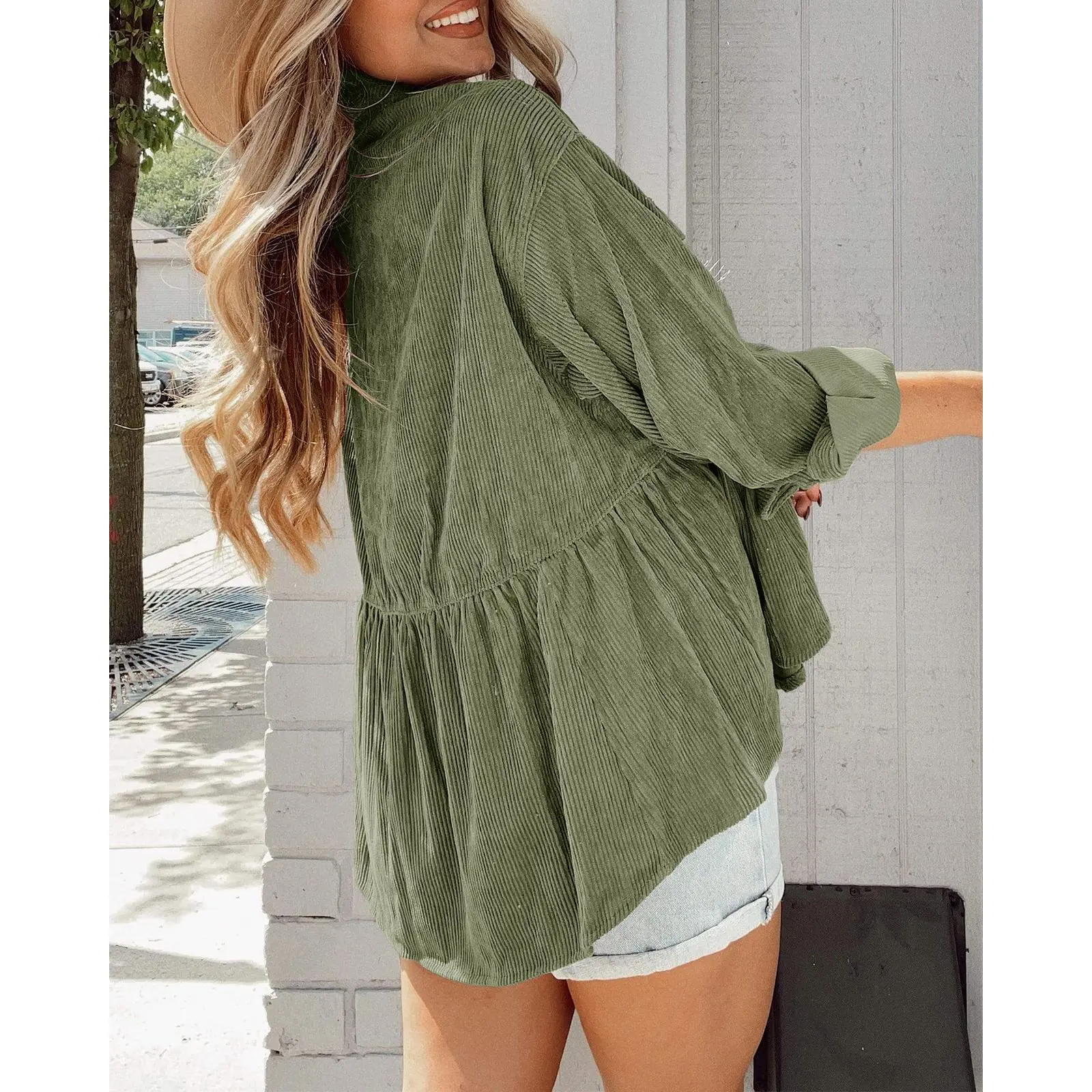 Imily Bela Women's Colored Buttons Corduroy Long-Sleeve Button-Down Shacket Jackets - Loose-Fit Polyester Casual Top with Pockets, Tunic Babydoll Dress-Inspired Outerwear, Colored Buttons Women's Casual Jackets