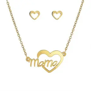 Stately Steel Heart "Mama" Necklace and Heart Stud Earrings Set