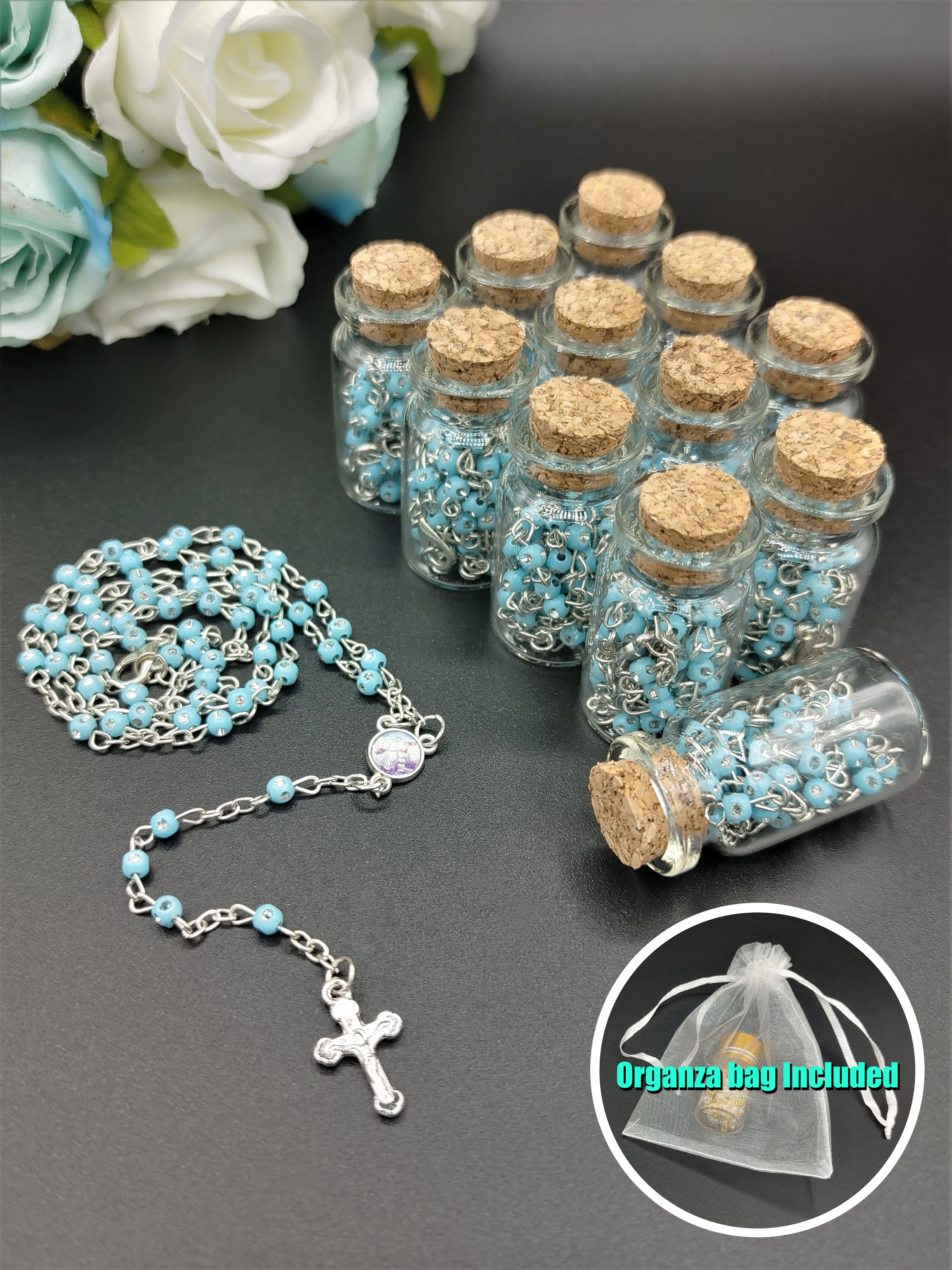 US LUOKASI 12pcs Baptism Favors Blue Beads Rosary in Glass Wishing Bottle Perfect for DIY Baptism Favors Holy Communion Recuerdos De Bautizo Quinceanera Christening Primera Communion Gifts Wedding Baby Shower Souvenirs