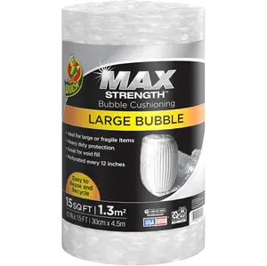 Duck Max Strength Bubble Cushioning Wrap for Moving & Shipping, 15 FT, Large Bubble Packing Wrap for Heavy Duty Protection Packaging Boxes, Clear Bubble Roll Moving Supplies, Perforated Every 12 IN