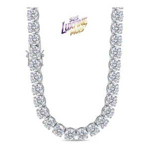 ①②LUXFINE 10mm Moissanite Tennis Chain, 925 Sterling Silver, Full Round Cut Moissanite Necklace for Men Women