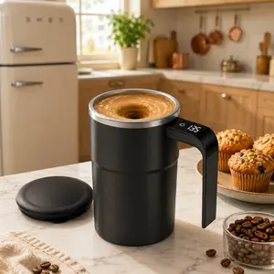 Self Stirring Coffee Mug with Temperature Display, Rechargeable Automatic Mixing Cup with Lid for Coffee, Milk & Beverages