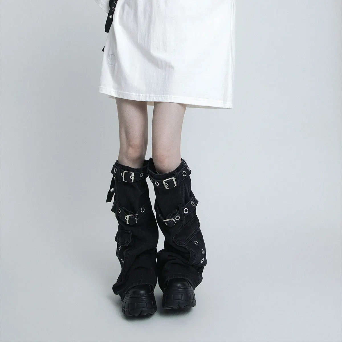 Black Multi-Pocket Drawstring Adjustable Y2K Utility Baddie Flared Stackable SockSleeves Unique Slimming Design Leg Warmers Streetwear Tech Style