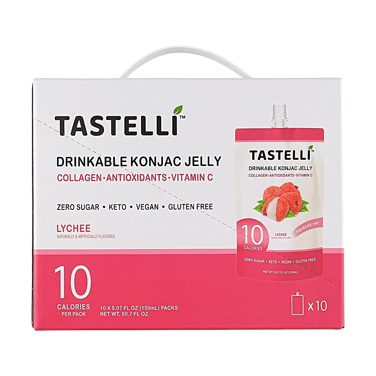 TASTELLI Lychee Jelly Drink 150ml x 10 Pouches - 0 Sugar, Low Calorie, Vegan, Gluten-Free, Collagen & Vitamin C Enriched