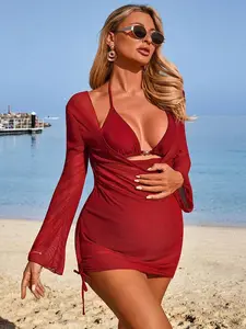 PRINCELY Pregnant Women's Summer Beach Solid Color Halter Tie Sexy Bikini And Triangle Panty Swimsuit Set With Dress