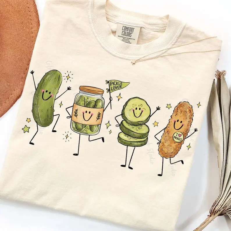 Comfort Colors Happy Pickle Doodle Shirt, Cute Smiling Characters Tee, Funny Pickle Lover T-Shirt, Whimsical Food Graphic Shirt, Retro Doodle Apparel, Gift for Pickle Fans