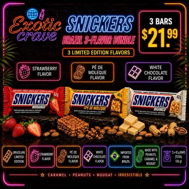 Snickers Brazil Limited Edition 3 Flavor Bundle – Strawberry, Pé de Moleque & White Chocolate – 3 x 42g