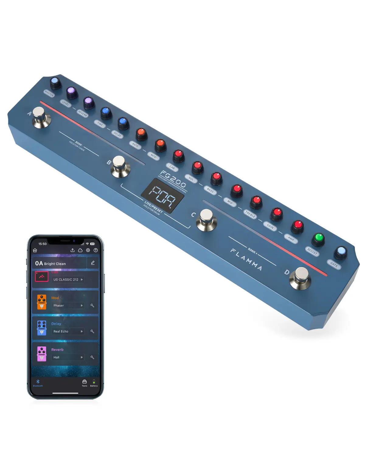 FLAMMA FG200 Intelligent Multi-Effects Guitar Pedal with 52 AMP Models 5 BOOST Models 16 CAB Simulations 7 Effects Modules 9 IR Slots 40 Presets 40 Rhythm Styles Support APP OTG