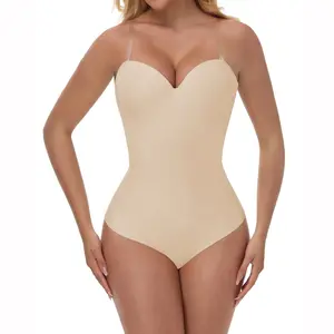 SHAPSHE Lady's Minimalist Basic Seamless Compression Thong Bodysuit - Nylon Seamless Binder Shapewear with Tummy Control, Strapless Design, Built-In Bra for Summer Vibes, Outdoor Fun
