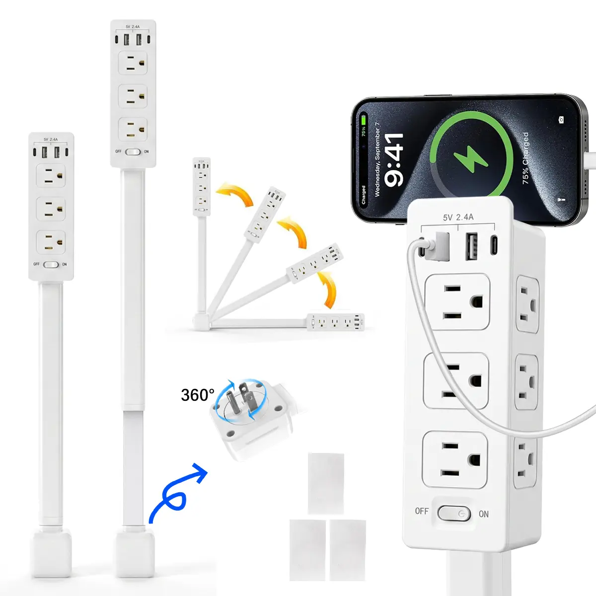 Rotating Wall Outlet Extender – 2 AC + USB-C/A Ports (34" Extension, Wall-Mountable & ETL Certified) | Space-Saving Power Solution for Home & Office,Portable ,easy to use