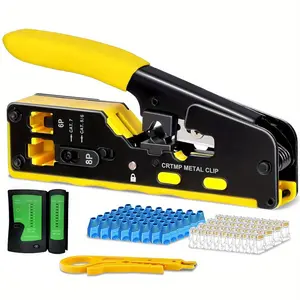 Pass Through RJ45 Crimp Tool Kit All-in-One Ethernet Crimper Cat7 Cat6 Cat5 Crimping Tool with Network Cable Tester, 50pcs Cat5 RJ45 Pass Through Connector, 50pcs Connector Boots Tool Kit Set