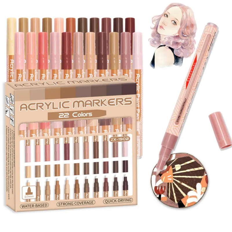 Acrylic Paint Pens 22 Colors Gray Tones/Skin tones Assorted Pro Color Series Markers Set 0.7mm Extra Fine Tip for Rock Painting, Glass, Mugs, Wood, Metal, Canvas, Non Toxic, Waterbased, Quick Drying Art Craft Supplies, Art School Supplies