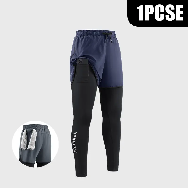 Veiskor-Men's 2-in-1 Running Compression Tights Quick Dry Breathable Athletic Leggings with Built-in Phone Pocket Towel Loop Elastic Waist Workout Pants for Gym Outdoor Sports All Seasons