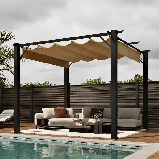Aoxun Outdoor Retractable Pergola 10x10, Metal Frame Pergola with Side Adjustable Sun Shade Canopy for Garden, Deck, Patio, Lawn