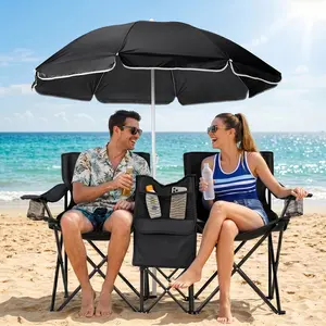 XL Double Folding Fishing Chair with Umbrella, Cooler Bag, Cup Holders - Heavy Duty 480 lbs Capacity, Portable Beach Chair for Camping, Picnic, Outdoor - Black
