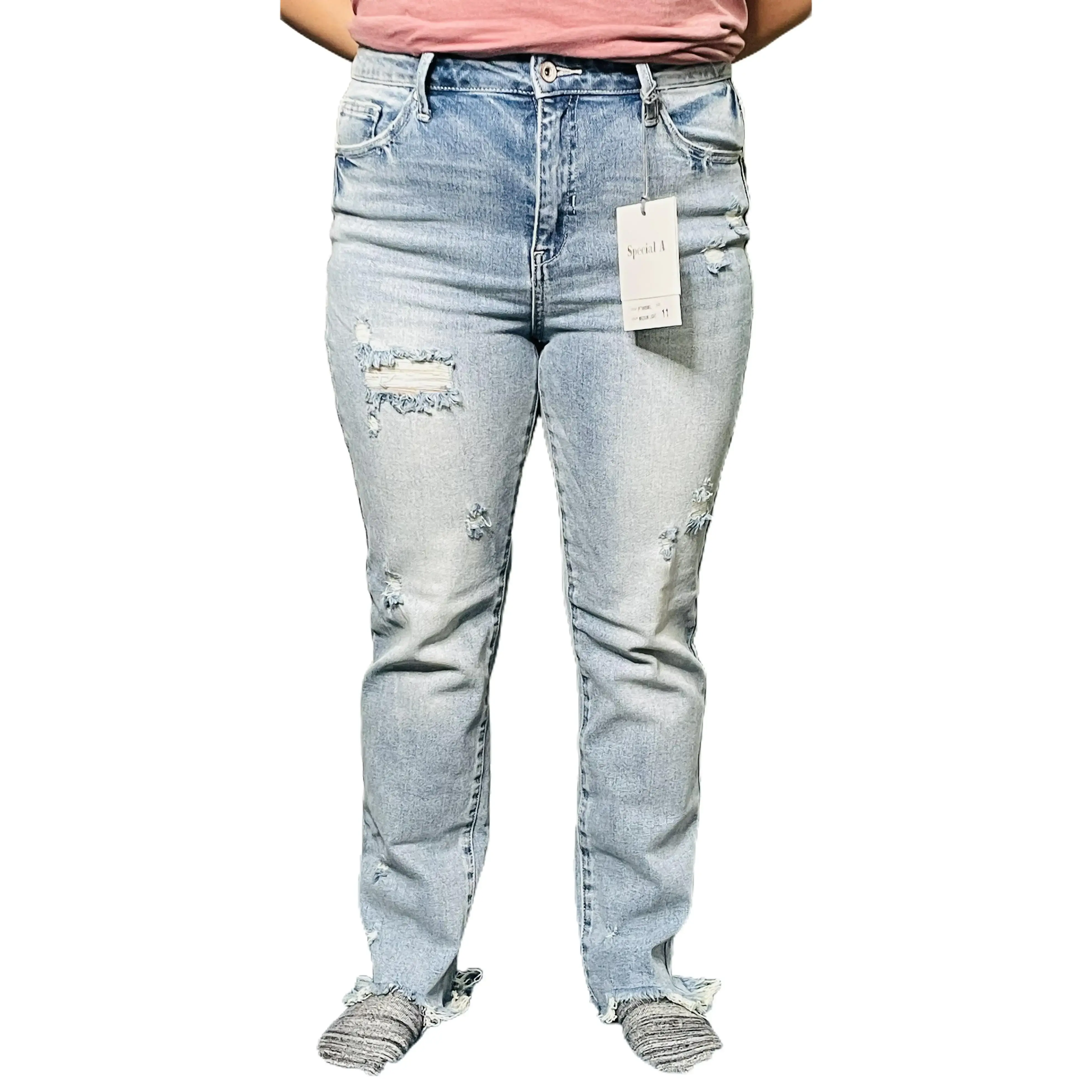Women's Light Denim Cotton-Spandex Distressed Relaxed Skinny Jeans - Streetwear Trousers with Pockets, Basic Everyday Bottoms, Raw Hem, Casual, High Waist, Expandable, Full Length, Size Up One Size, Skinny Trousers
