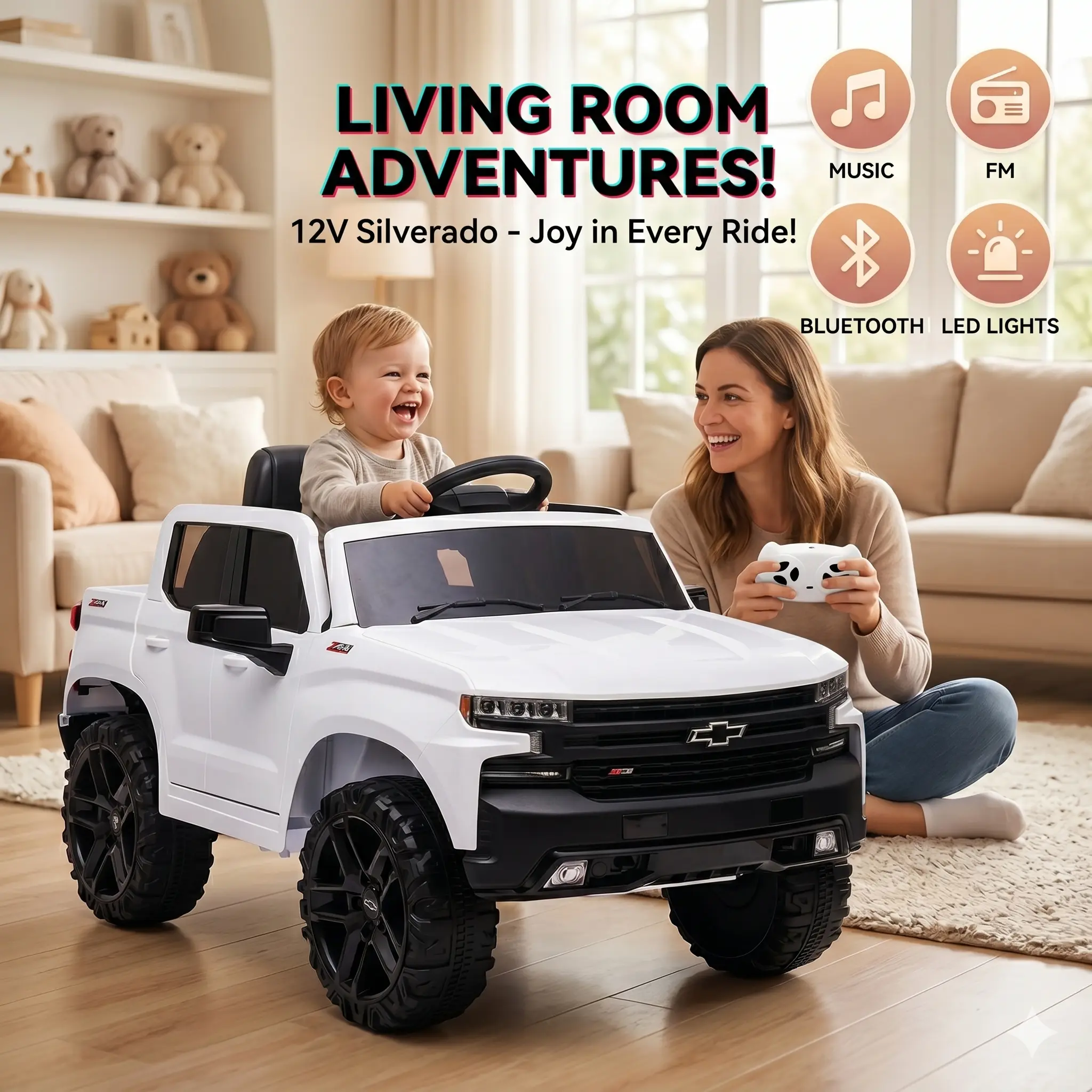 GARVEE 12V Battery-Powered Ride-On Car-Licensed Chevrolet Silverado GMC Truck for Toddlers with Remote Control, MP3/Bluetooth, Spring Suspension, LED Lights, Available in Black, White, Pink, and Red.