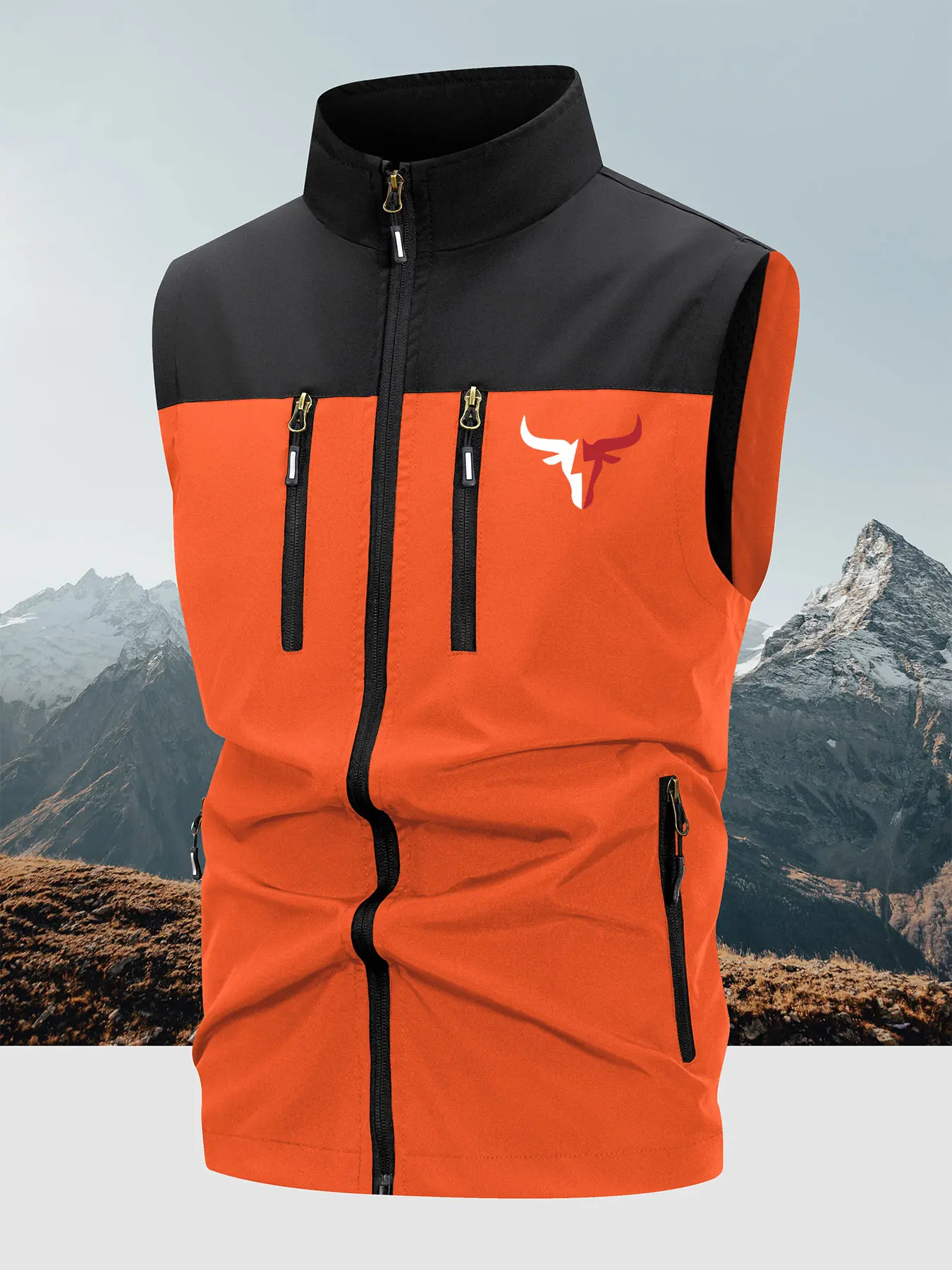 Men's Lightweight Breathable Nylon Vest, Sleeveless Gilet, Bull Head Print, Multi-Pocket Design, Stand Collar Windproof Jacket