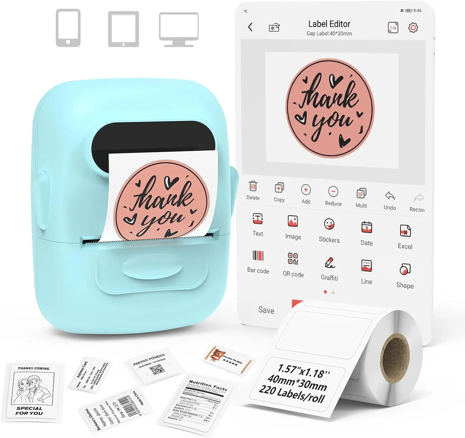Label Maker Machine with Tape Barcode Label Printer - Mini Portable Bluetooth Thermal Labeler for Address Clothing Jewelry Retail Barcode Small Business Home Office Compatible Phones &PC