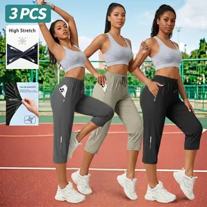 3-Pack Women’s Summer Cooling Sun-Protection Athletic Capri Pants — High Waist Drawstring, Highly Stretchable, Quick-Dry, Zipper Pockets, Reflective Stripes; Versatile for Running, Fitness, Outdoor Activities, and Casual Wear