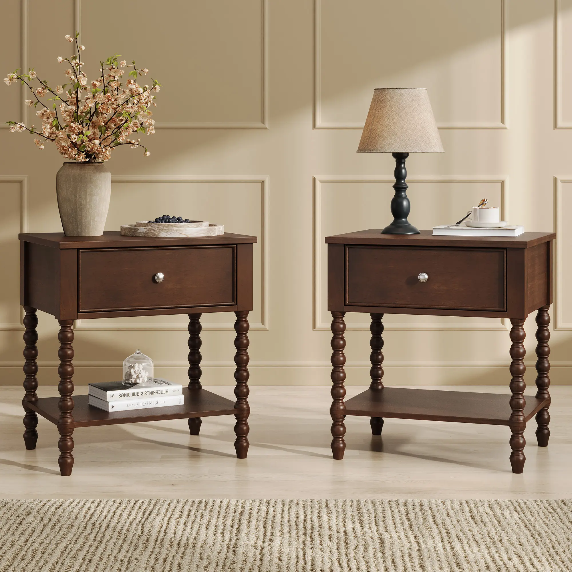 AMERLIFE 1PC/2PCS Solid Wood Nightstand with Turned Legs, Vintage Wide Bedside Table with Drawer & Open Shelf, Modern Accent & Walnut Night Stands, Wooden End Table for Bedroom/Living Room