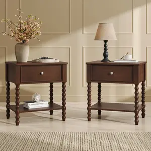 AMERLIFE 1PC/2PCS Solid Wood Nightstand with Turned Legs, Vintage Wide Bedside Table with Drawer & Open Shelf, Modern Accent & Walnut Night Stands, Wooden End Table for Bedroom/Living Room
