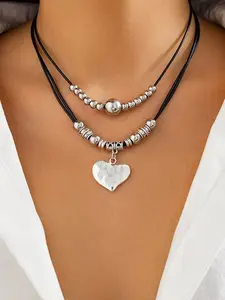 2-piece punk-style love pendant multi-layer necklace, double-layer beaded leather cord, punk-style jewelry, retro-style unisex necklace