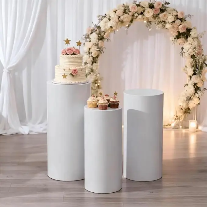 VINCIGANT 3Pcs White Metal Round Cylinder Pedestal Stands for Wedding Party Bridal Shower Anniversary Christmas Decor