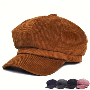 Women's Vintage Corduroy Newsboy Cap - Coffee Brown Octagonal Beret Hat, Non-Stretch Elastic-Free Fit, Packable & Hand Washable for Autumn Winter Casual Outfits
