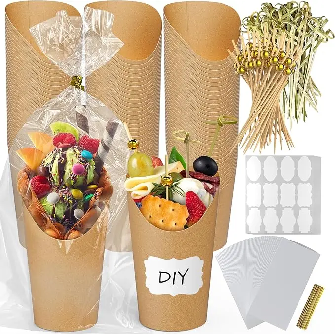 100pcs set Charcuterie Cups with Sticks Bags set, 100 Pcs 12 oz Individual Disposable French Fry Holder, Paper Snack Appetizer Cups Kit with 100 Bags, 100 Ties, 100 Lables, 200 Cocktail Skewers Picks