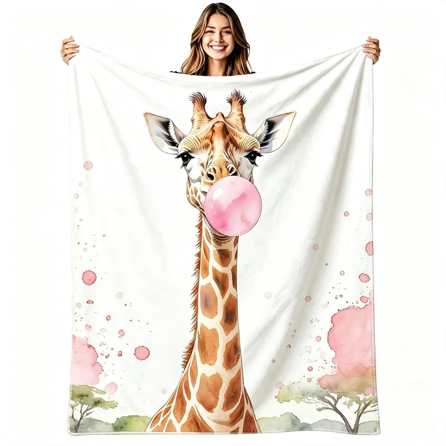 Giraffe Blowing Pink Bubblegum Throw Blanket Cute Safari Animal Print Soft Flannel Blanket Neutral Nursery Decor Gift For Sofa Home